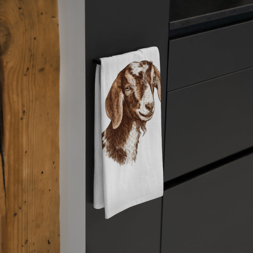 Brown Goat Head Tea Towel — Farmhouse Kitchen Linen, Rustic Animal Dish Towel