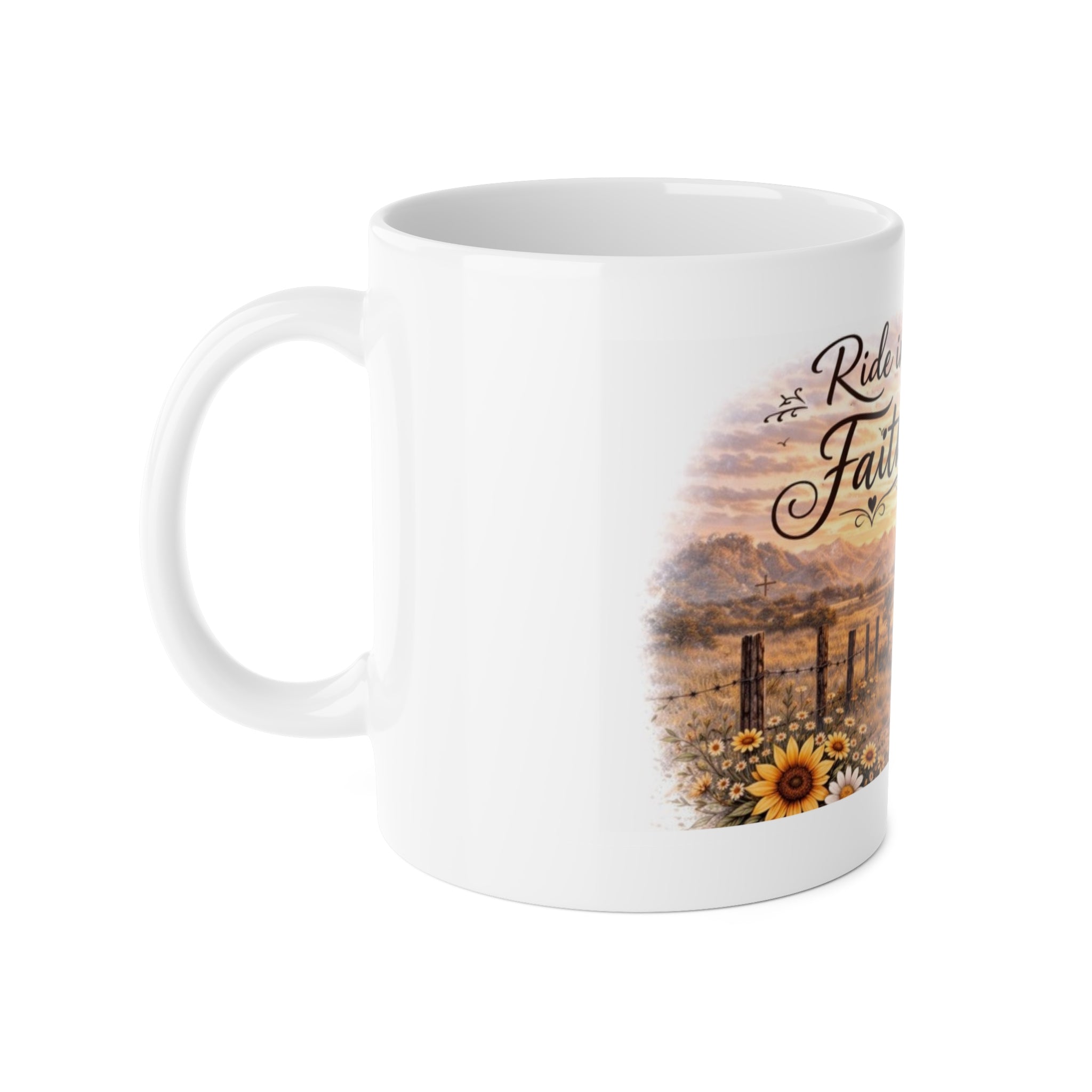Ride in Faith Ceramic Mug – Inspirational Horseback Sunset Coffee Cup
