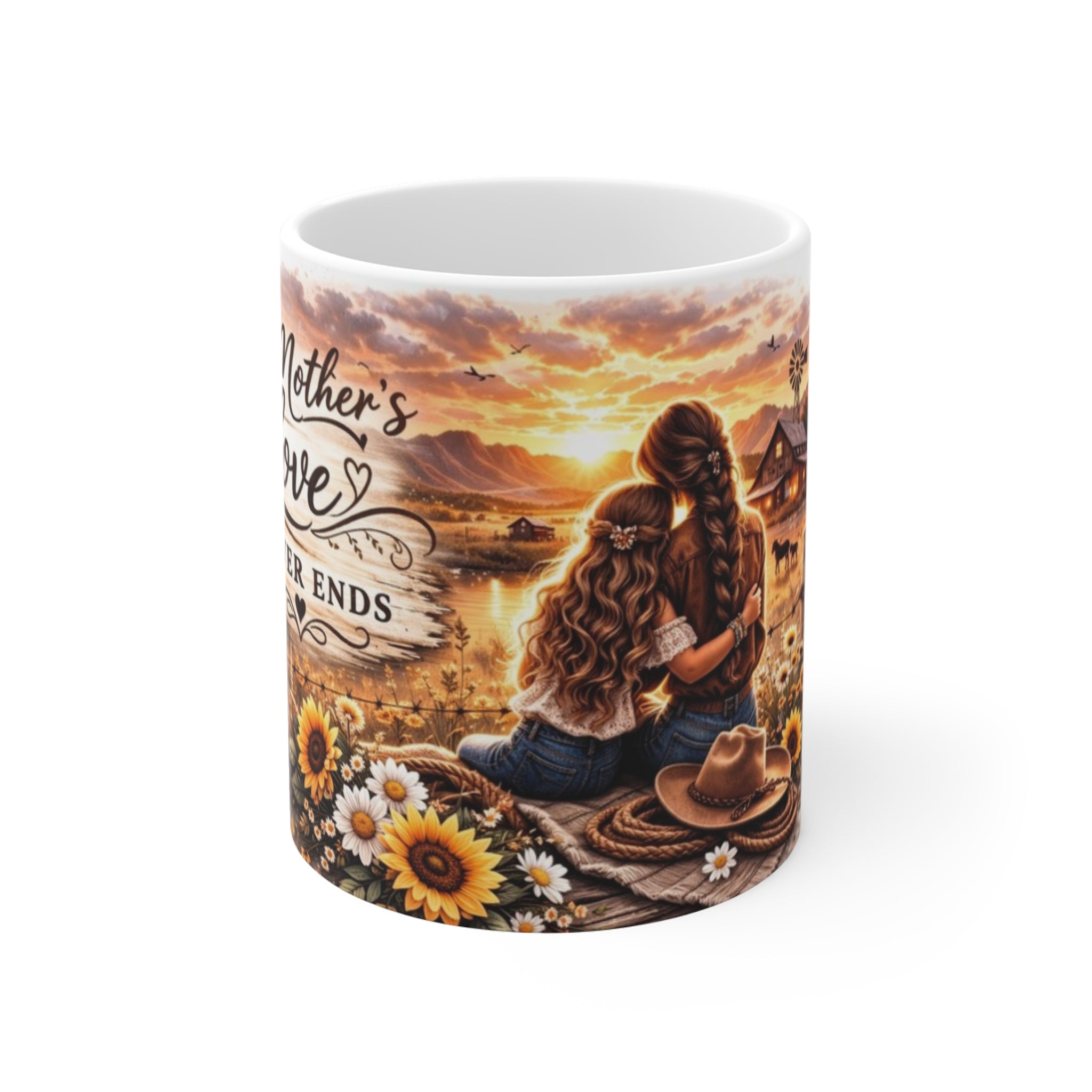 A Mother’s Love Never Ends Mug | Sunset Mom and Daughter, Sunflowers