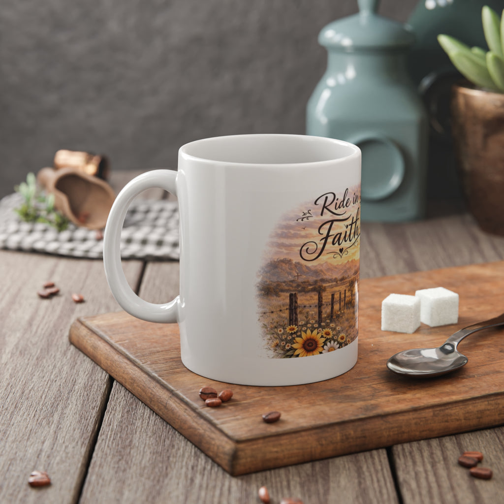 Ride in Faith Ceramic Mug – Inspirational Horseback Sunset Coffee Cup