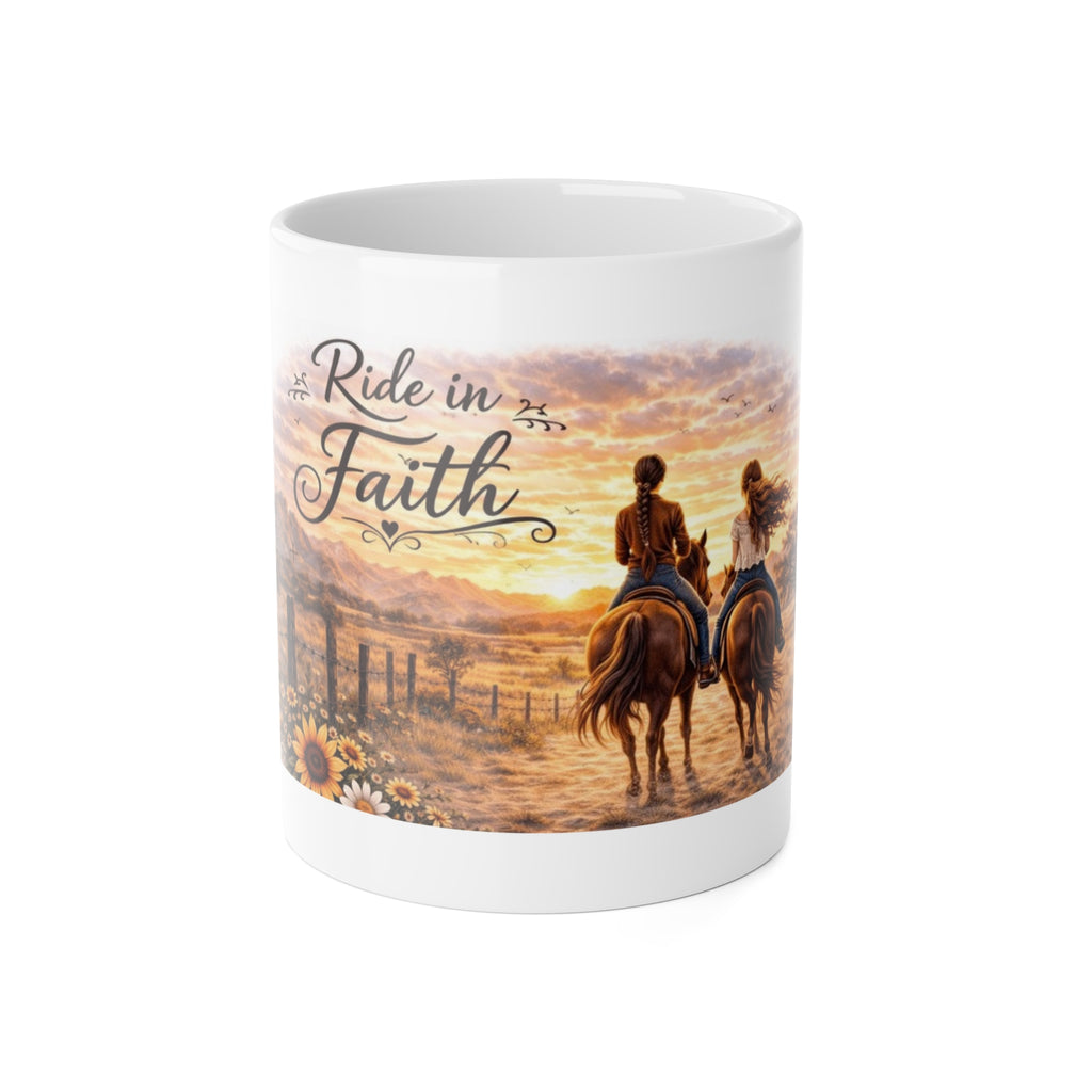 Ride in Faith Ceramic Mug – Inspirational Horseback Sunset Coffee Cup