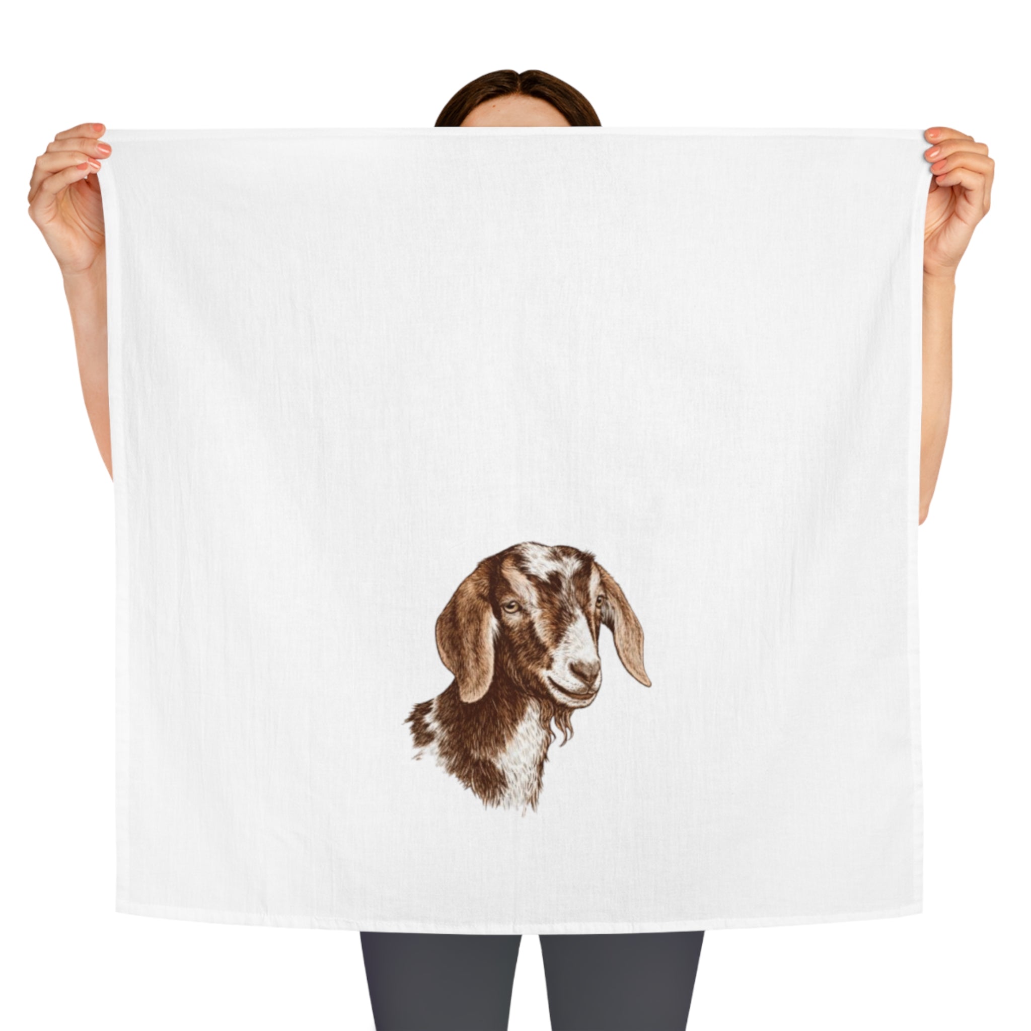Brown Goat Head Tea Towel — Farmhouse Kitchen Linen, Rustic Animal Dish Towel