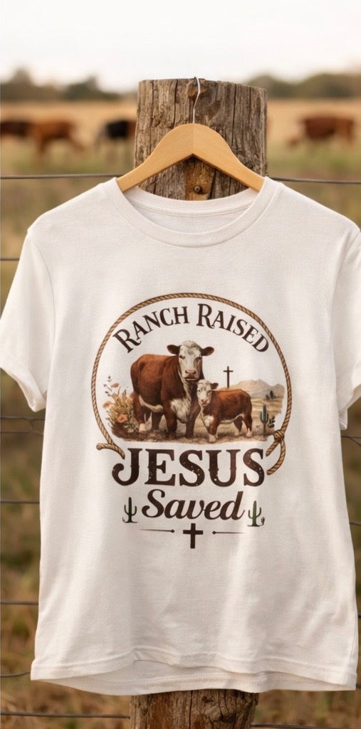 Ranch Raised Tee – “Jesus Saved” Western Cow Bible Shirt