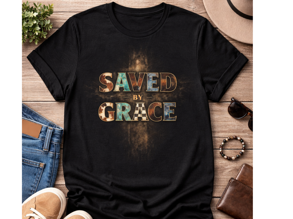 Saved by Grace T-Shirt — Christian Faith Tee with Cross Design