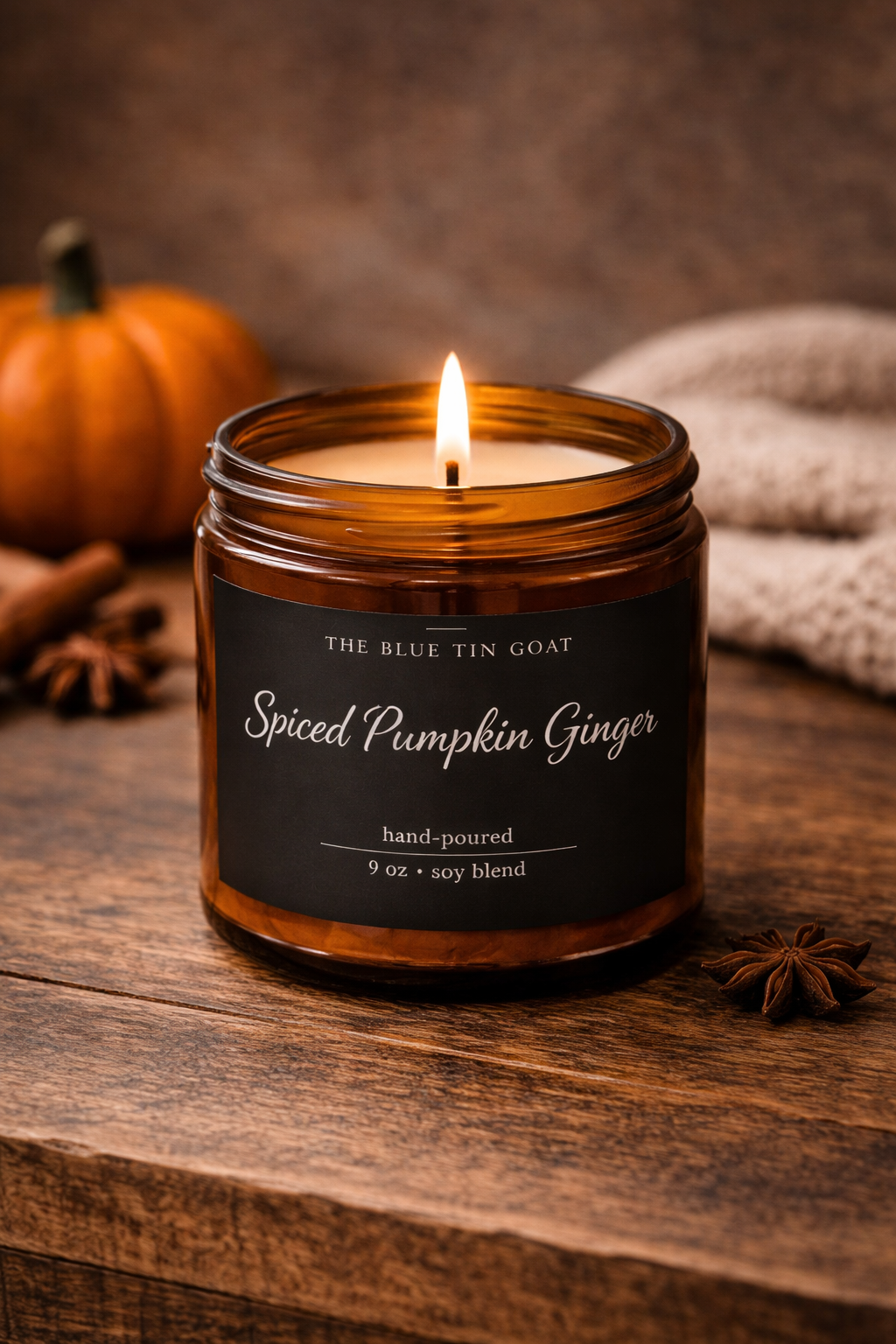 Spiced Pumpkin Ginger Soy Candle — 4oz & 9oz Amber Jar with Black Lid