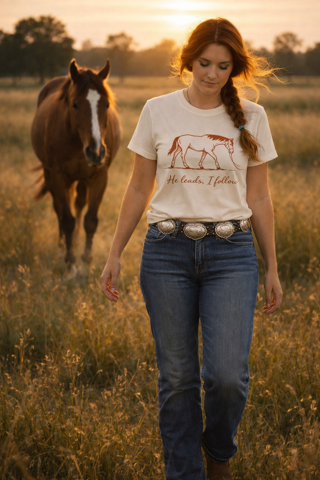 Horse Silhouette Tee — “He leads, I follow.” Rustic Equestrian T-Shirt