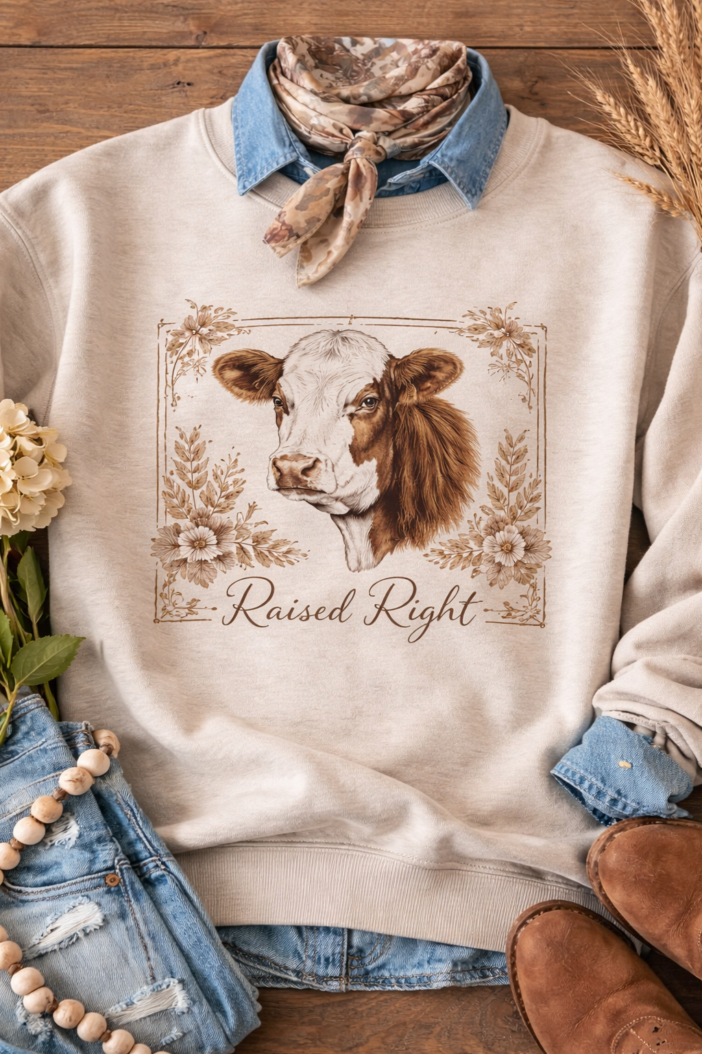 Raised Right Cow Crewneck Sweatshirt — Rustic Farmhouse Animal Lover Gift