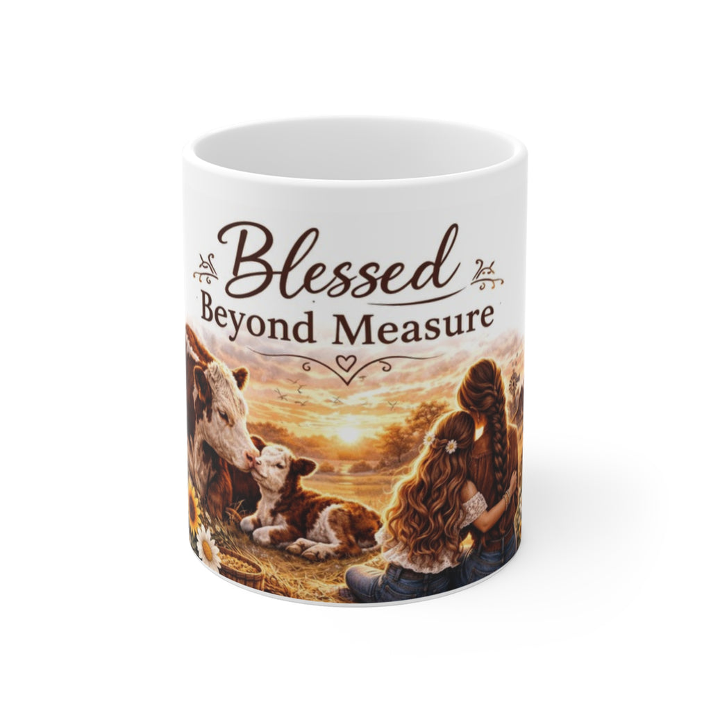 Blessed Beyond Measure Farmhouse Mug – 11oz Cow & Sunrise Coffee Cup