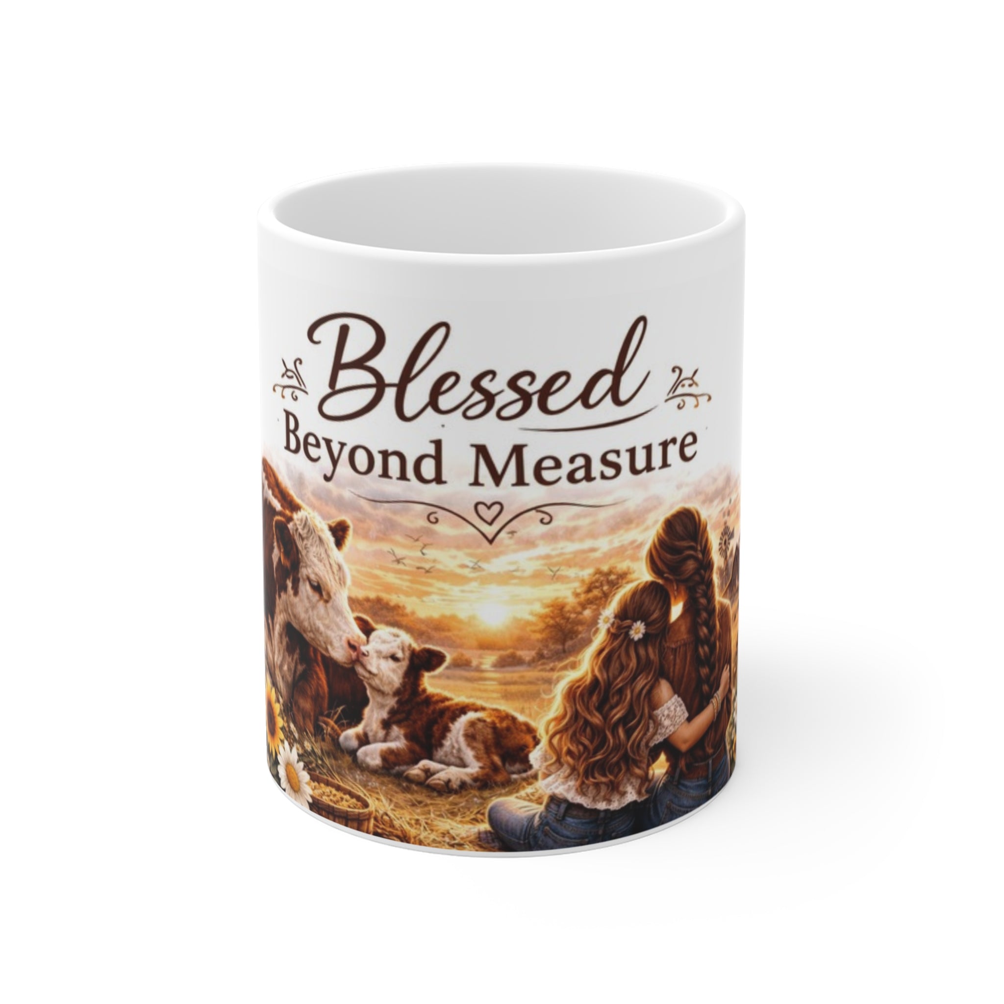 Blessed Beyond Measure Farmhouse Mug – 11oz Cow & Sunrise Coffee Cup