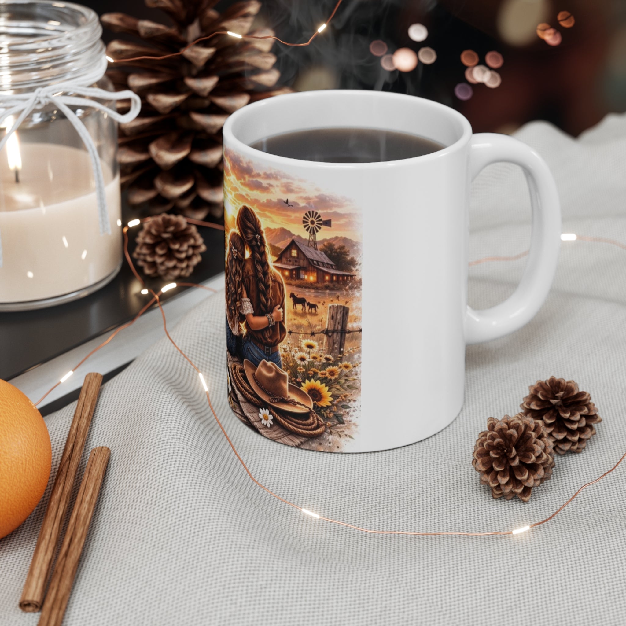 A Mother’s Love Never Ends Mug | Sunset Mom and Daughter, Sunflowers