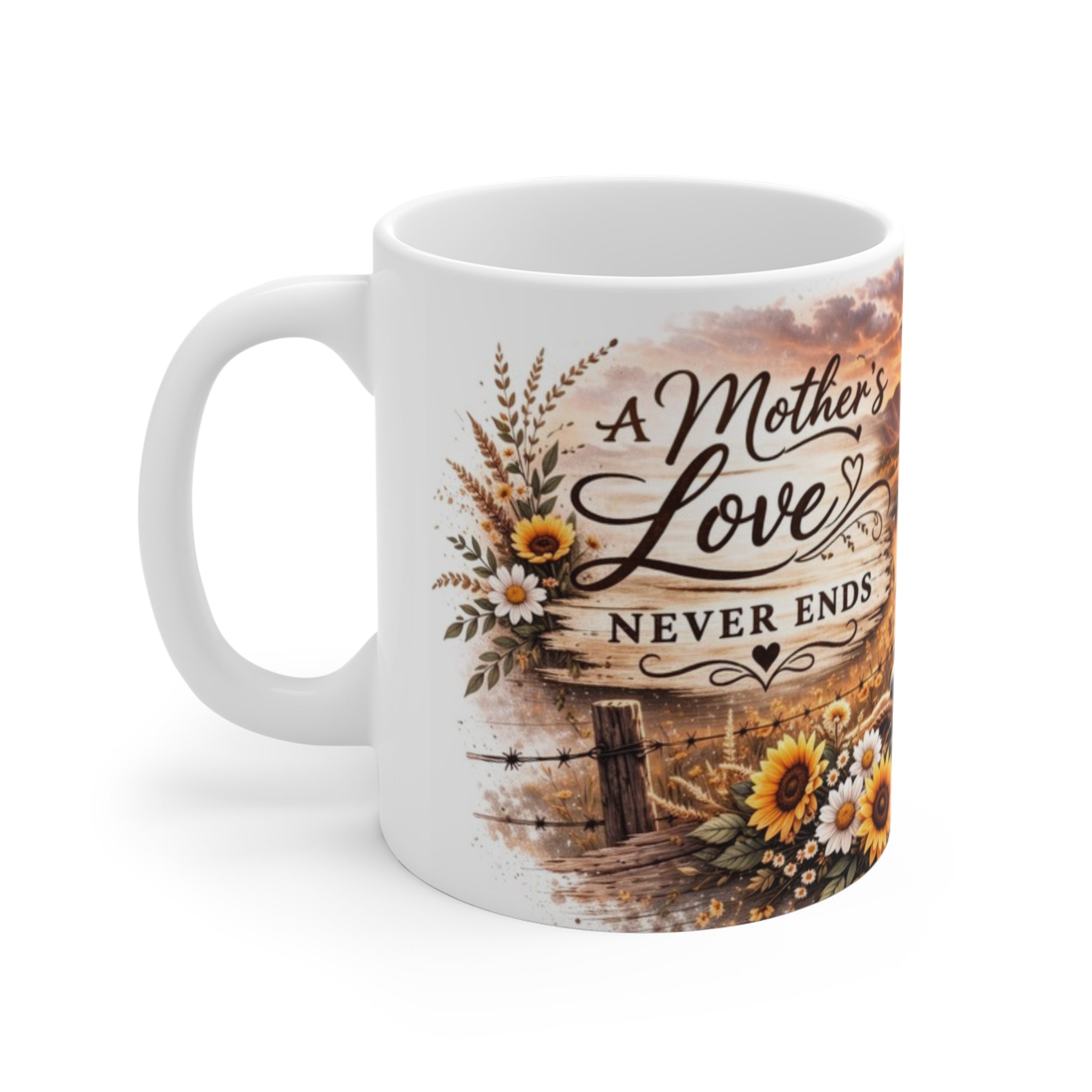 A Mother’s Love Never Ends Mug | Sunset Mom and Daughter, Sunflowers